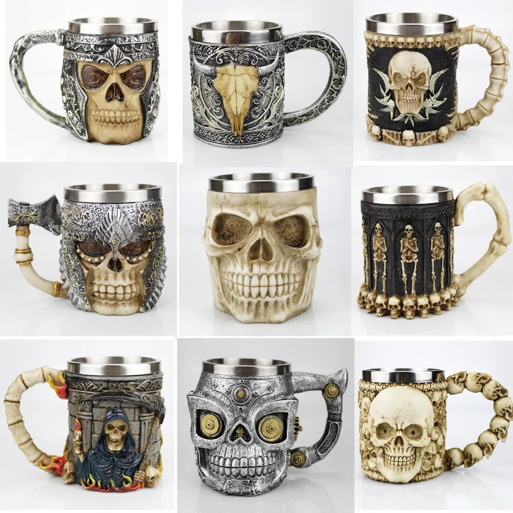 Skull Mug Contain Viking Skeleton Death Grim Knight Gothic Design Coffee Beer Tankard Mugs BEST Halloween Father's Day Gift