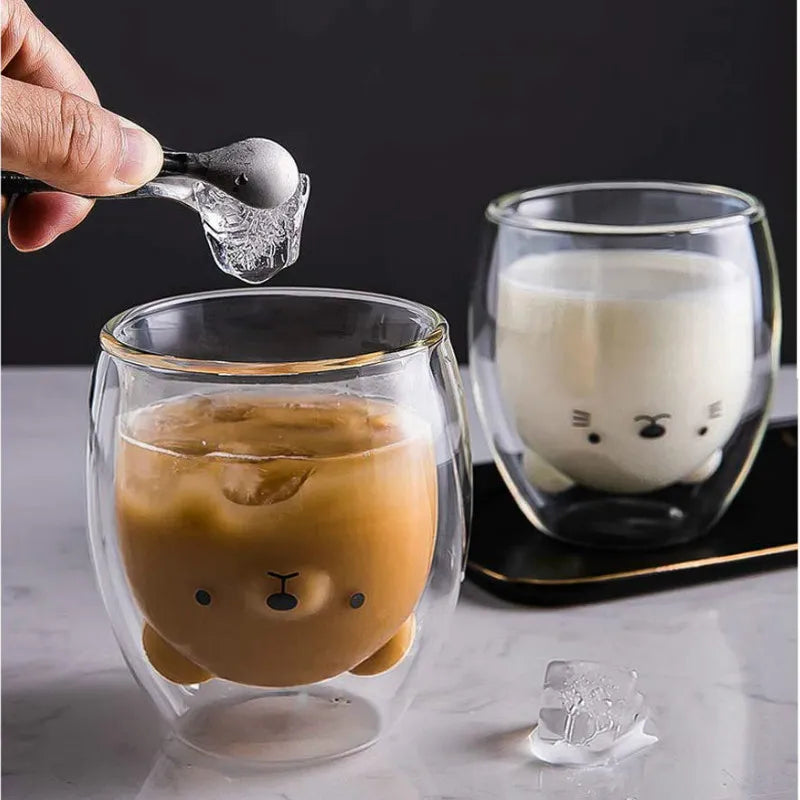 Creative Cute Bear Double-layer Coffee Mug Double Glass Cup Carton Animal Milk  Lady  Gift Christmas gift  WF109